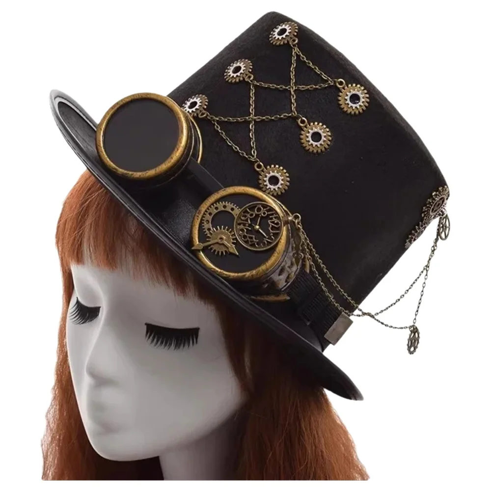 Men Accessories Hat - Steampunkowy Cylinder Męski z Goglami Kapelusz